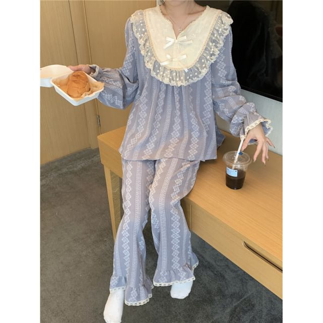 Couple Matching Pajama Set: Long Sleeve Patterned Print Top + High Waist Straight Leg Pants (Various Designs)