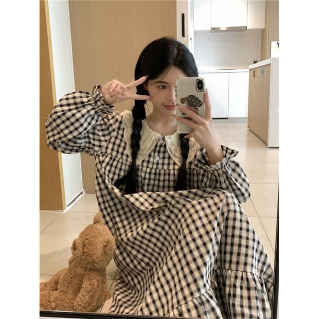 Couple Matching Long Sleeve Plaid Button Pajama Top / High Waist Straight Leg Pants / Pajama Dress / Set (Various Designs)