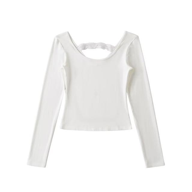 Slim-Fit Scoop Neck Lace Panel Crop Shirt