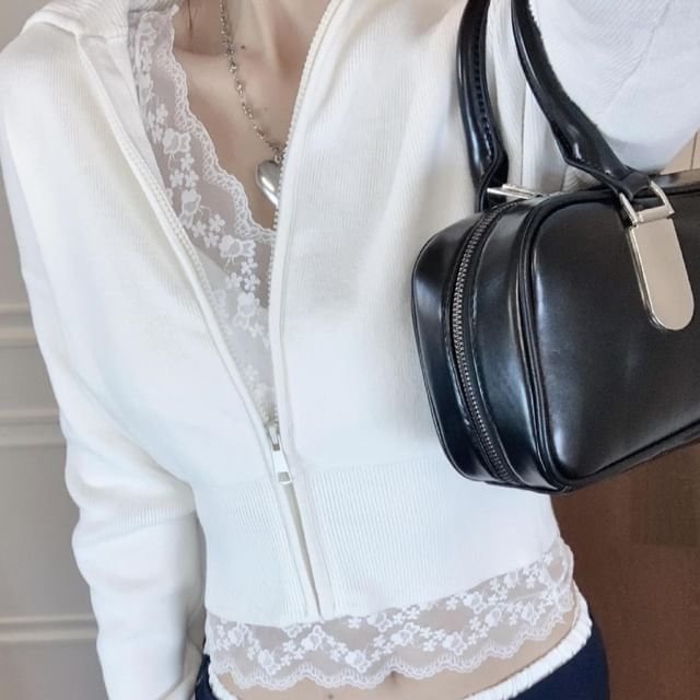 Collared Basic Zip Cardigan Set with Lace Top and Sweatpants