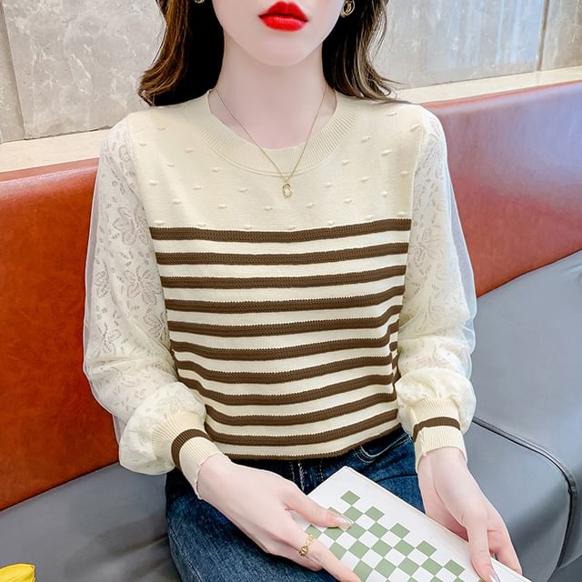 Striped Crewneck Lace Insert Knit Sweater