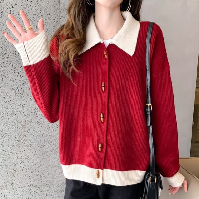 Collared Toggle Two Tone Cardigan