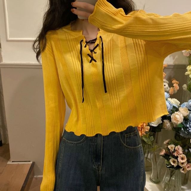 Notch Neck Lace-Up Ribbed Knit Top