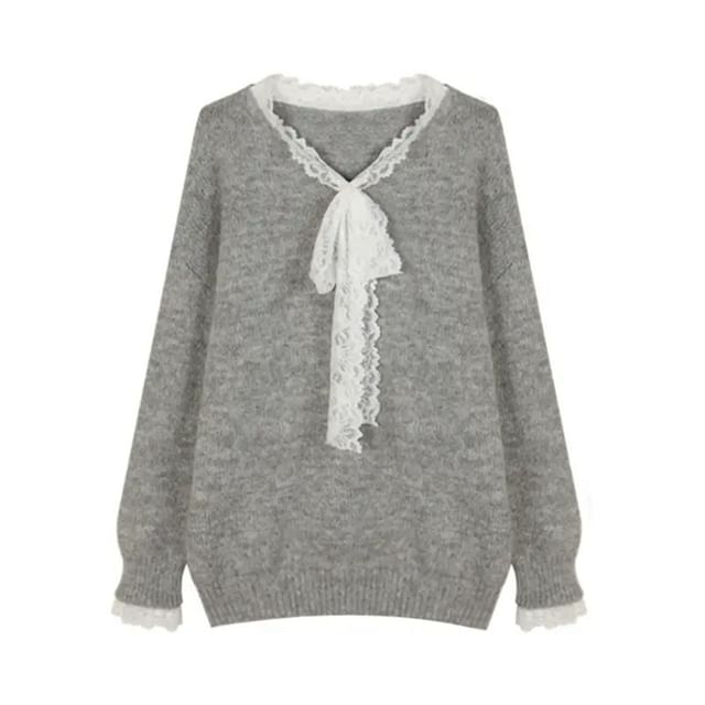 Mock Two-Piece Lace Panel V-Neck Sweater