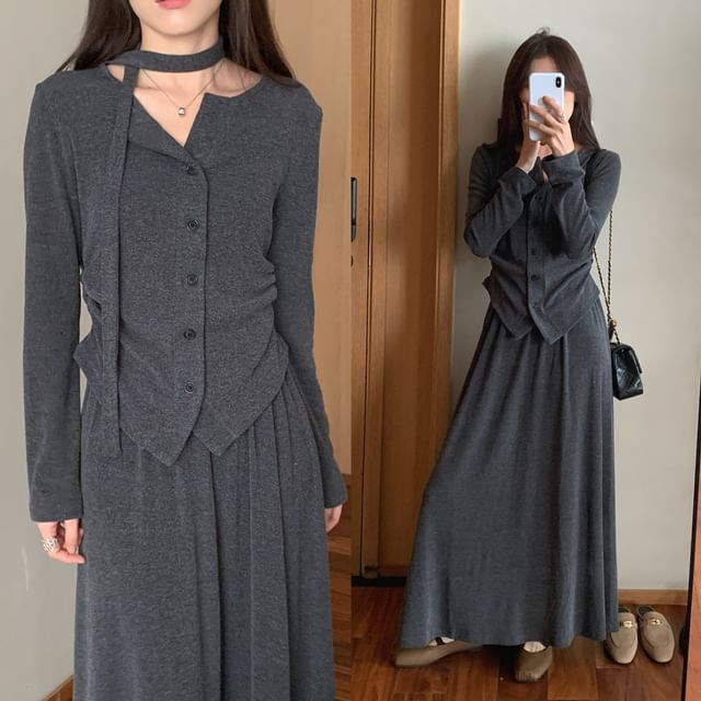 Set: Crew Neck Basic Button Cardigan + Maxi Skirt