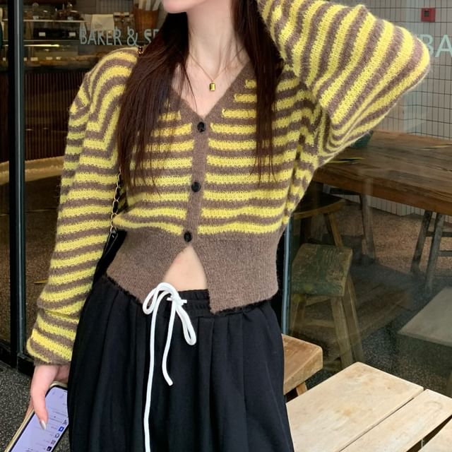 Striped V-Neck Button-Up Slit Crop Cardigan