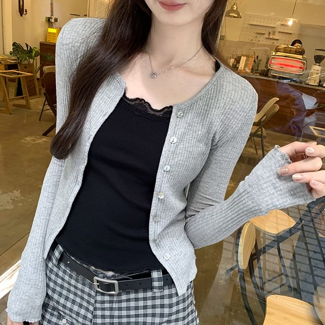 Crew Neck Button-Up Cropped Plain Cardigan