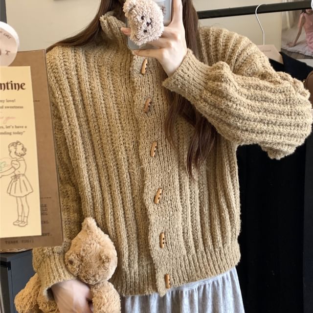 Turtleneck Chunky Knit Plain Cardigan
