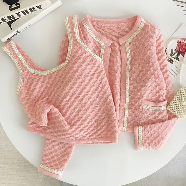 Set Chained Knit Tank Top with Round Neck Crop Cardigan