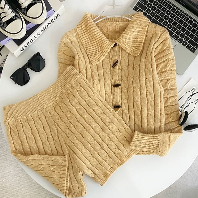 Set Collared Cable Knit Toggle Cardigan with Wide Leg Shorts