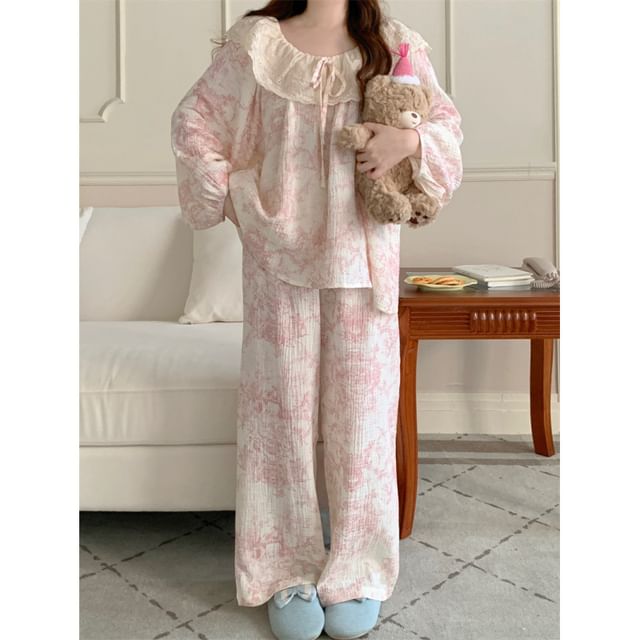 Couple Matching Pajama Set: Long Sleeve Patterned Print Top + Straight Leg Pants (Various Designs)