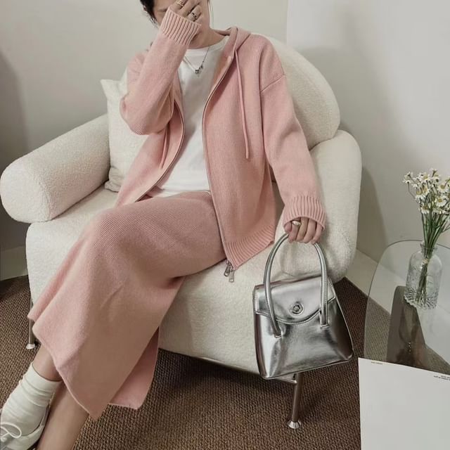 Knit Hoodie and Slit Midi Skirt Set - Zip-Up