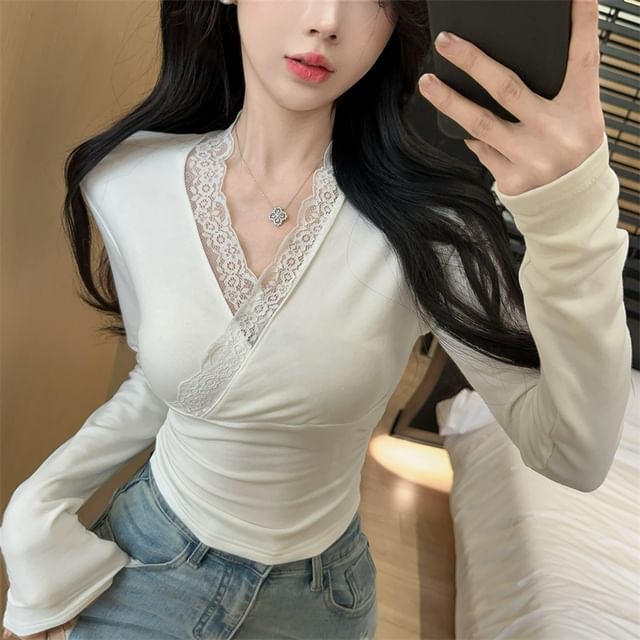V-Neck Lace-Trimmed Long Sleeve Tee