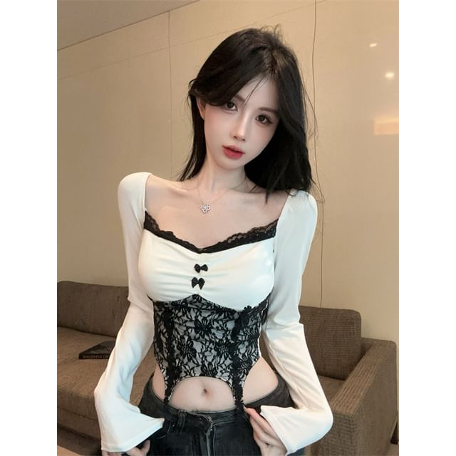 Square Neck Bowknot Lace Panel Crop Top