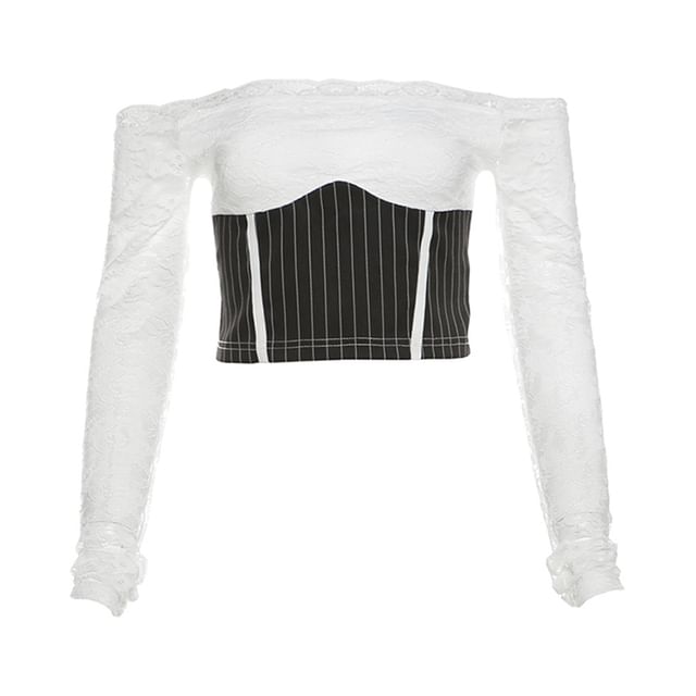 Striped Lace Crop Top & High-Rise Mini Pencil Skirt