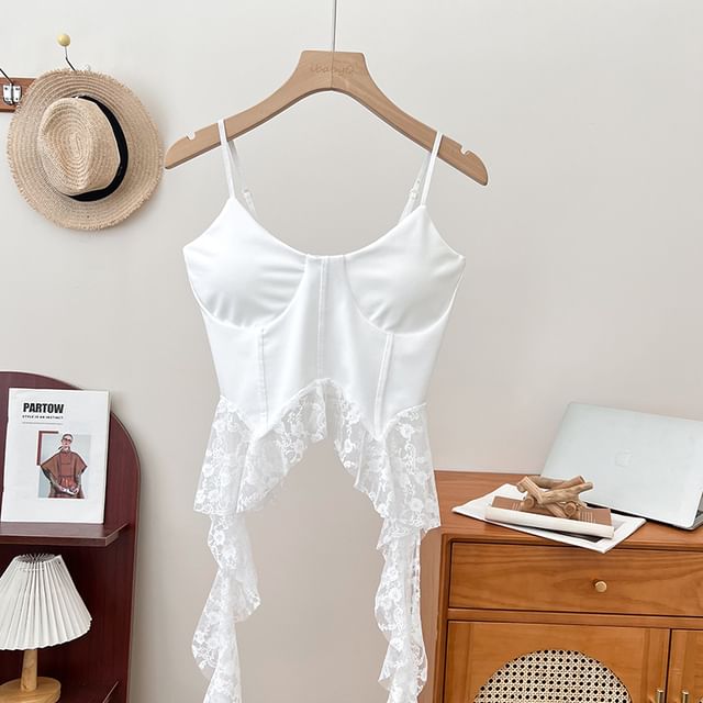 Ruffle Hem Lace Bustier with Spaghetti Straps