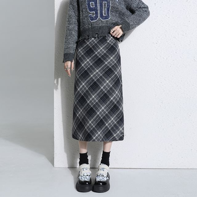 Plaid Slit Midi Straight Skirt - High Waist