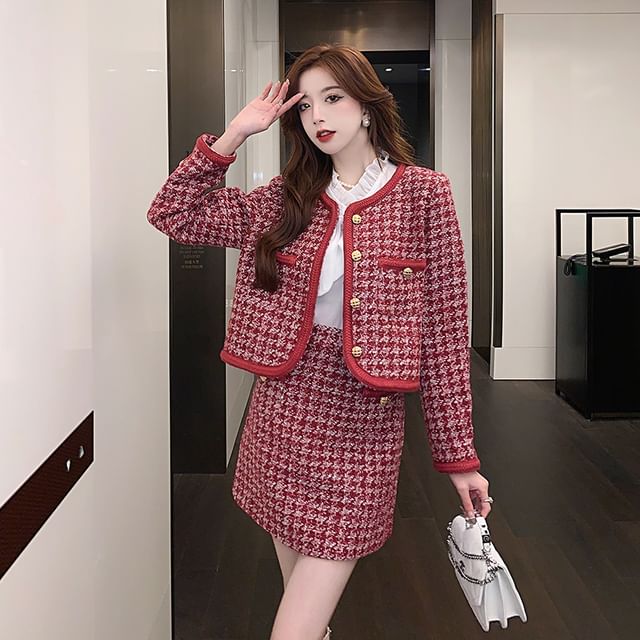 Houndstooth Tweed Jacket and Mini A-Line Skirt Set