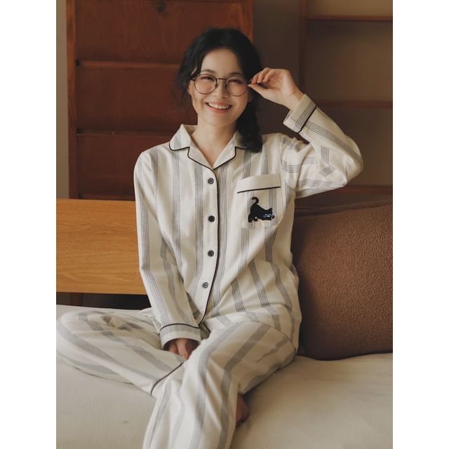 Couple Matching Pajama Set: Long Sleeve Collared Striped Shirt + Straight Leg Pants (Various Designs)