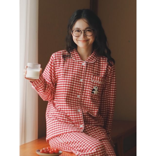 Couple Matching Pajama Set: Long Sleeve Collared Plaid Shirt + Straight Leg Pants (Various Designs)