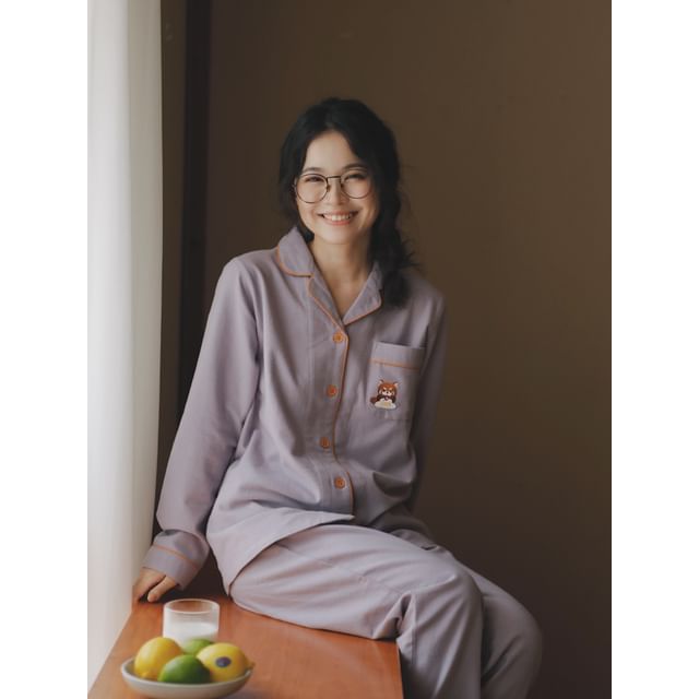 Couple Matching Pajama Set: Long Sleeve Collared Cartoon Embroidered Contrast Trim Shirt + Straight Leg Pants (Various Designs)