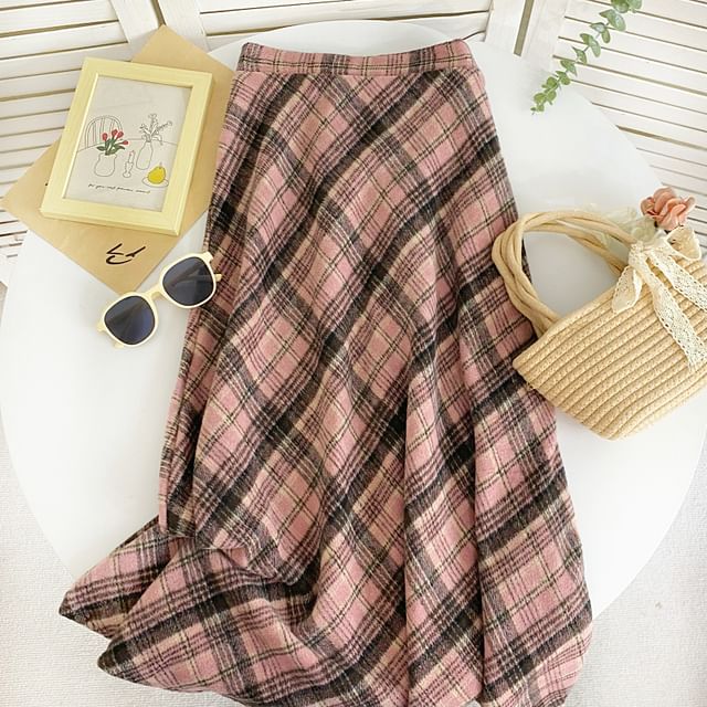 Plaid Midi Skirt with A-Line Silhouette and High Rise