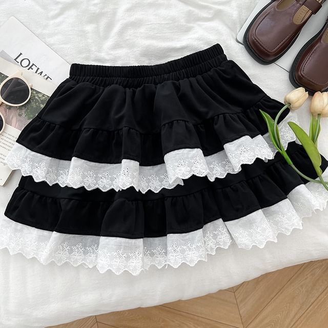 Lace Trim Mini A-Line Skirt with High Waist