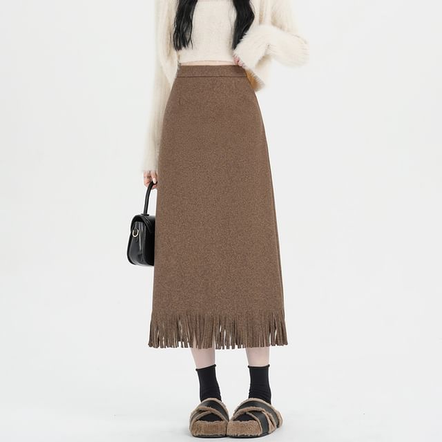 Fringed Midi A-Line Skirt with High Rise