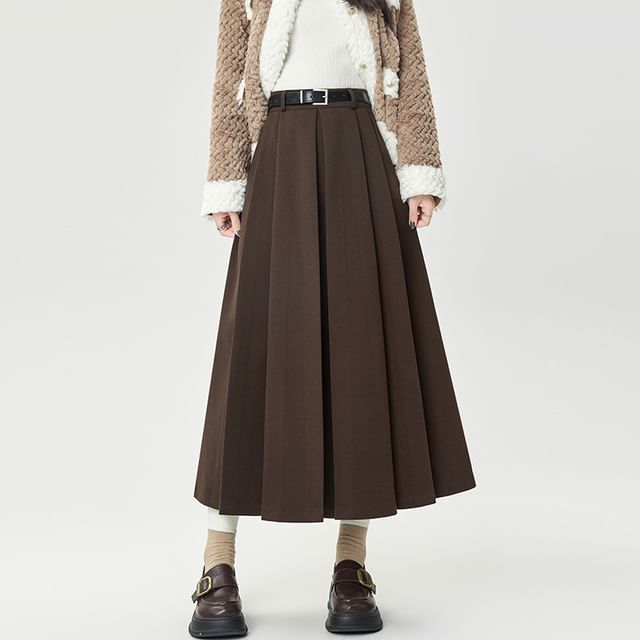 Pleated Flared Midi Skirt - High Waist