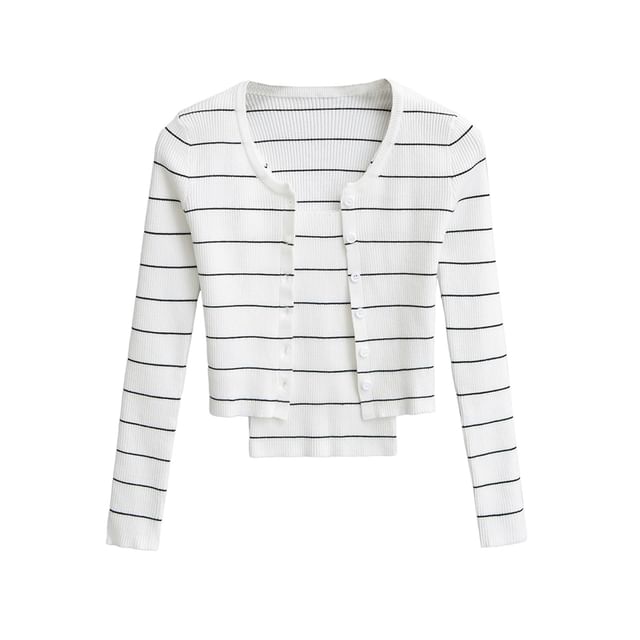Striped Ribbed Cardigan and Camisole with Mini Skirt Set