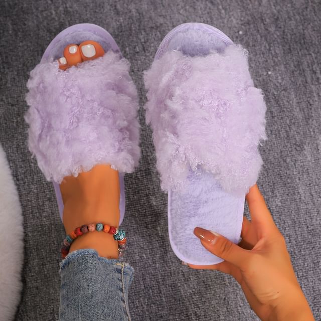 Plain Fluffy Flat Slide Sandals