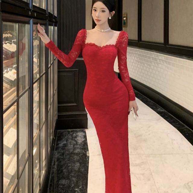 Lace Sheath Maxi Dress, Square Neck Long Sleeve