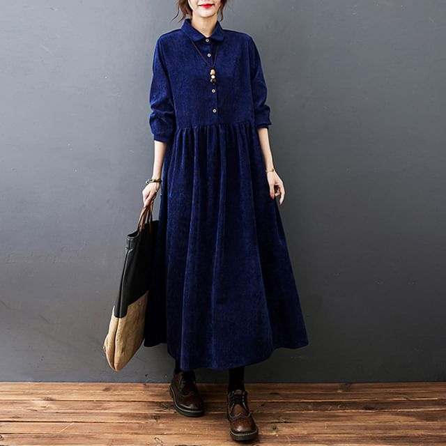Corduroy A-Line Maxi Dress with Collared Long Sleeves