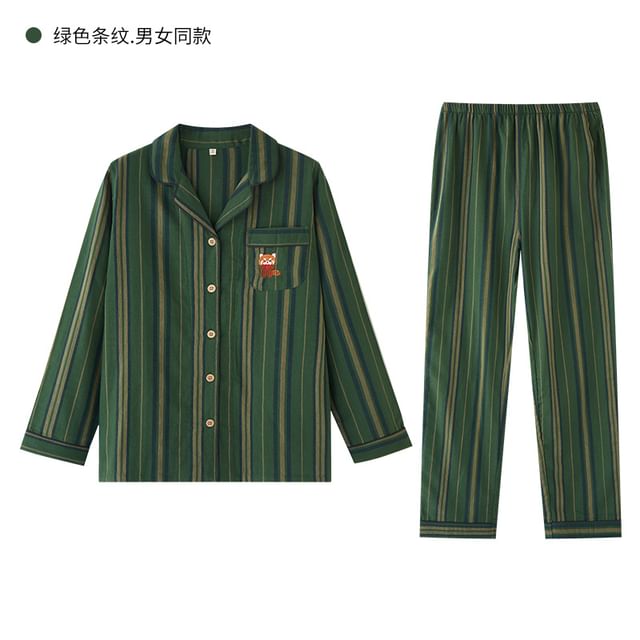 Couple Matching Pajama Set: Long-Sleeve Lapel Collar Striped Raccoon Embroidered Button-Up Top + Pants