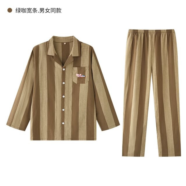 Couple Matching Pajama Set: Long-Sleeve Lapel Collar Striped Cartoon Embroidered Button-Up Top + Pants