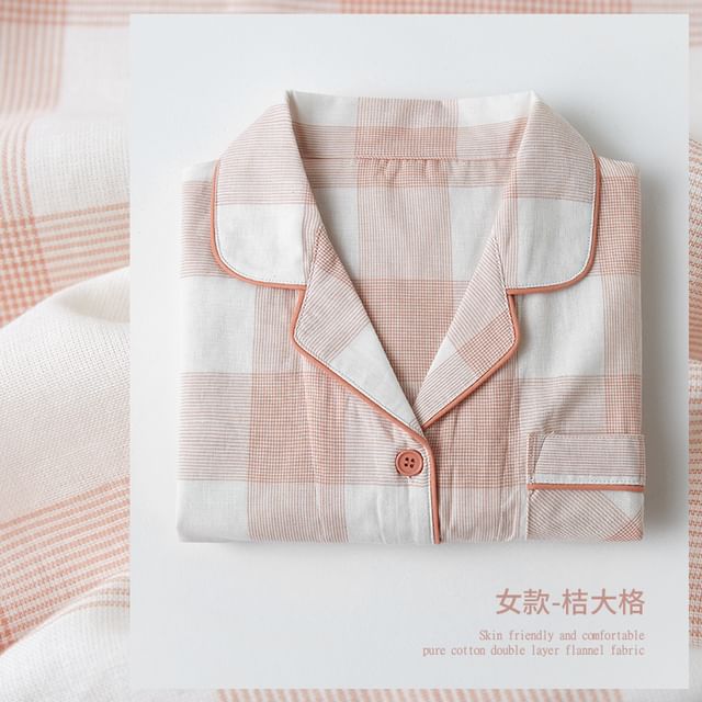 Couple Matching Pajama Set: Long-Sleeve Lapel Collar Gingham Button-Up Top + Pants