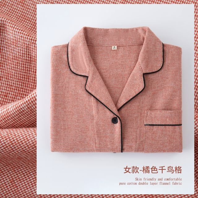 Couple Matching Pajama Set: Long-Sleeve Lapel Collar Houndstooth Button-Up Top + Pants