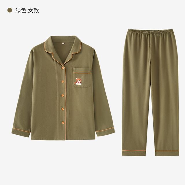 Couple Matching Pajama Set: Long-Sleeve Lapel Collar Raccoon Embroidered Button-Up Top + Pants