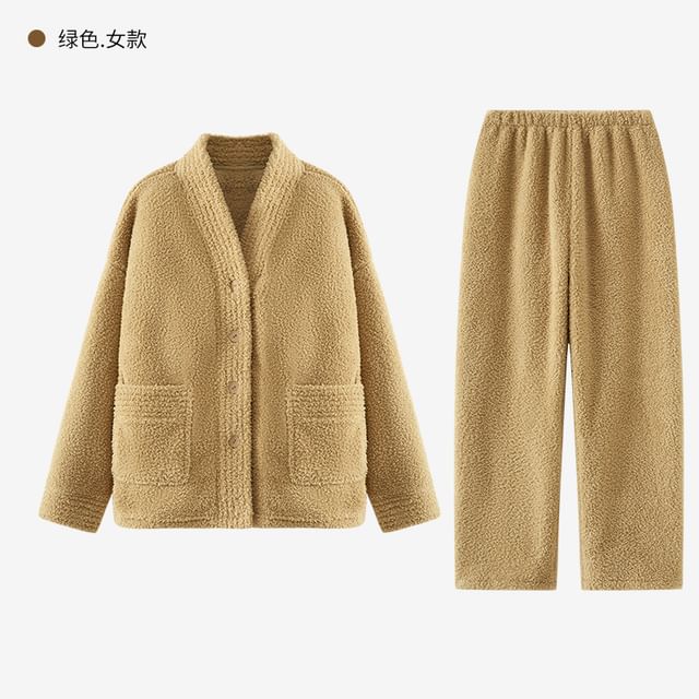Couple Matching Pajama Set: Long-Sleeve V-Neck Plain Button-Up Fleece Top + Pants