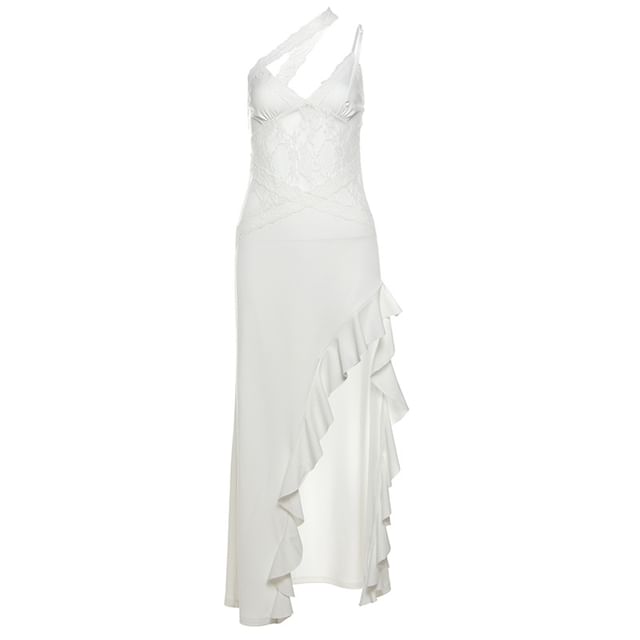 One Shoulder Ruffle Bodycon Maxi Dress with Lace