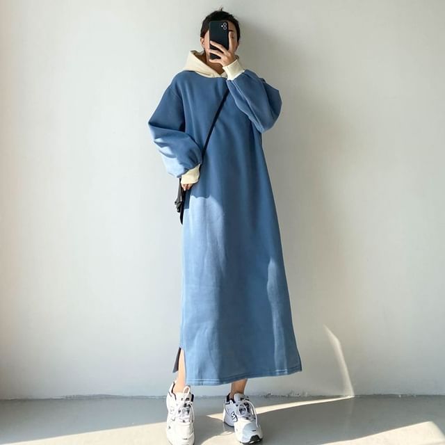 Two Tone Puff Sleeve Hoodie Maxi Dress