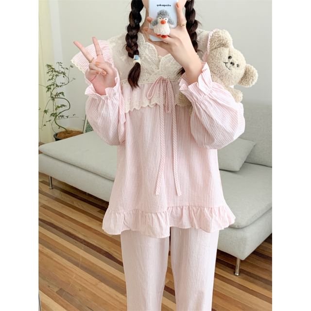 Couple Matching Pajama Set: Long-Sleeve Striped Top + Pants