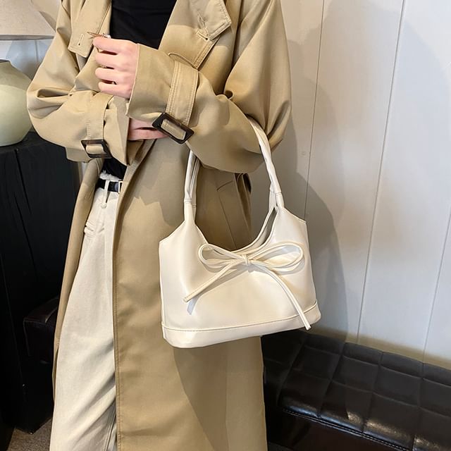 Faux Leather Plain Bowknot Shoulder Bag