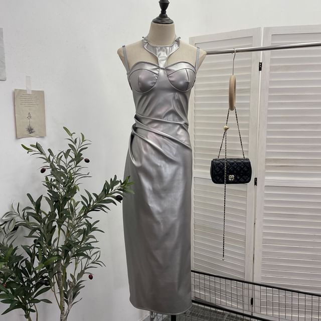 Halter Faux Leather Midi Sheath Dress with Slit