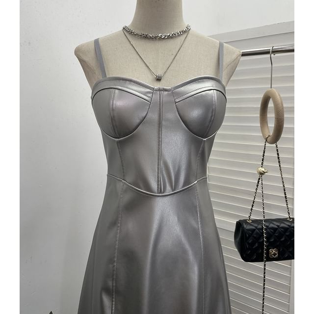 Faux Leather Midi A-Line Dress - Thin Strap