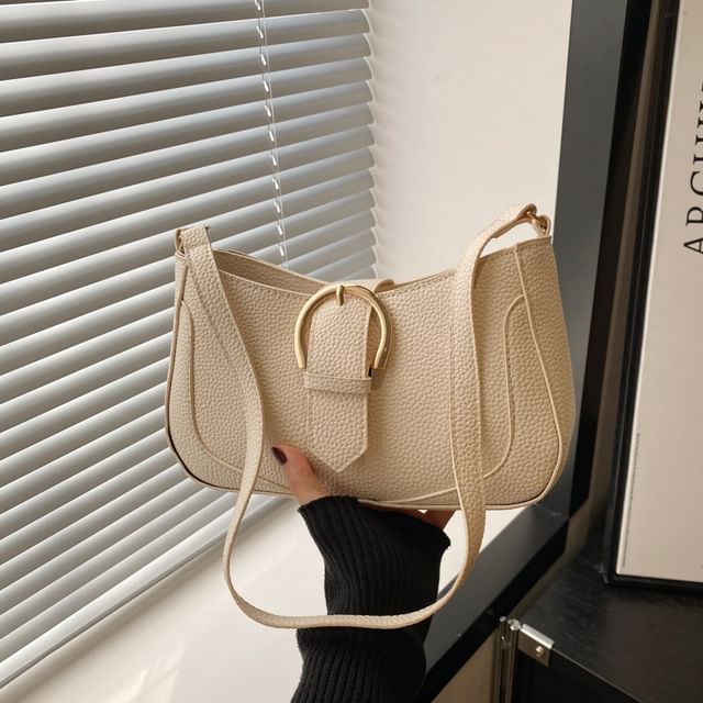 Faux Leather Plain Buckled Shoulder Bag