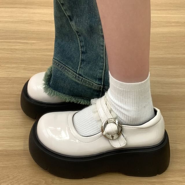 Platform Frill Trim Buckled Patent Leather Mary Jane Shoes