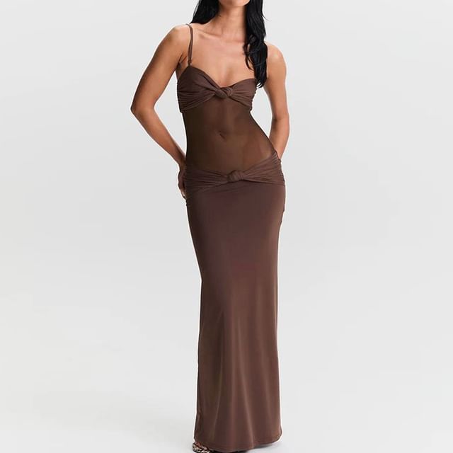 Mesh Panel Knot Maxi Bodycon Dress - Thin Strap