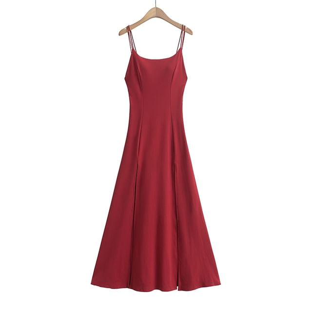 Plain Padded Slit Maxi A-Line Spaghetti Strap Dress
