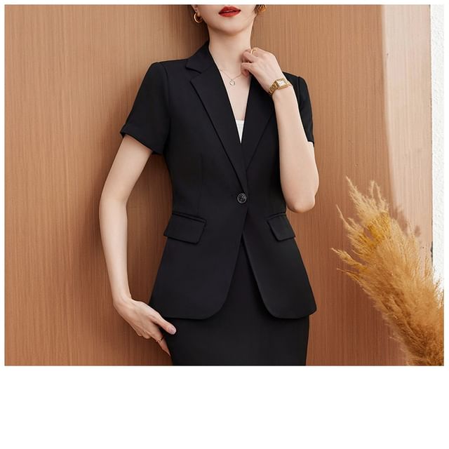 Short Sleeve Notch Lapel Blazer with Cropped Slacks and Mini Pencil Skirt Set